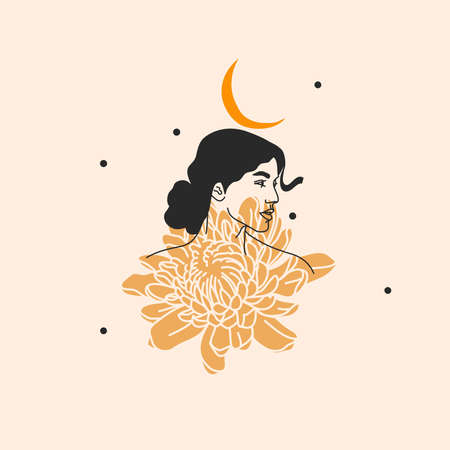 Hand drawn vector abstract stock flat graphic illustration with   elements ,boho female with flowers and moon sacred line art icon in simple style for branding ,isolated on white background.のイラスト素材