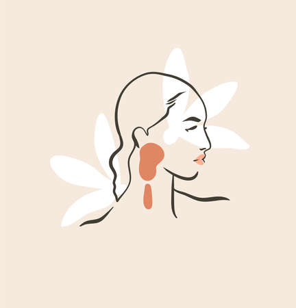 Hand drawn vector abstract stock flat graphic contemporary line art,aesthetic fashion illustration with bohemian,beautiful modern female portrait in simple trendy style isolated on pastel backgroundのイラスト素材