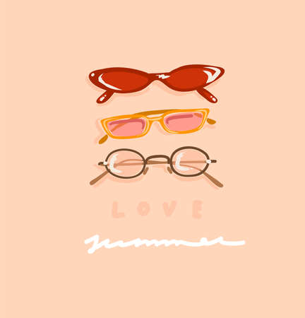 Hand drawn vector abstract stock graphic contemporary aesthetic,fashion illustration with vintage beautiful modern female sunglasses and handwritten text Love Summer isolated on pastel backgroundのイラスト素材