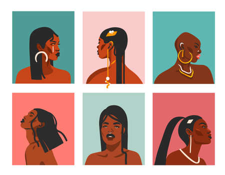 Hand drawn vector abstract stock flat graphic illustrations with ethnic bohemian tribal black,beautiful african american women collection portrait set isolated on color backgroundのイラスト素材