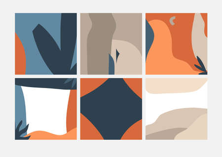Hand drawn vector abstract stock graphic illustration art cards set,with modern collage minimal geometric nature artistic contemporary print template of boho shapes and silhouettes in neutral colorsのイラスト素材