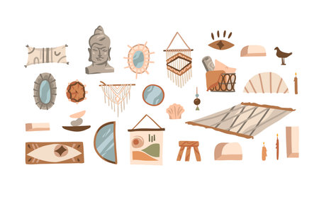 Hand drawn vector abstract stock graphic bohemian clipart collection set illustrations with beauty interior design elements,modern scandinavian furniture living room isolated on white backgroundのイラスト素材