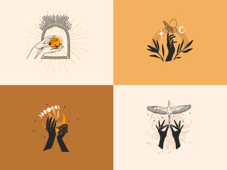 Hand drawn vector abstract stock graphic illustration with elements collection bundle set,magic line art of crescent,moon phase and star in simple style for branding,isolated on color backgroundのイラスト素材