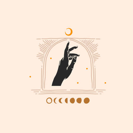Hand drawn vector abstract stock flat graphic illustration with element,magic line art of crescent,female hand silhouette and arch frame in simple style for branding,isolated on color backgroundのイラスト素材