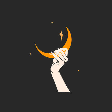 Hand drawn vector abstract stock flat graphic alchemy illustration with  elements,magic line art of golden crescent,feminine hand silhouette and stars for branding,isolated on black backgroundのイラスト素材