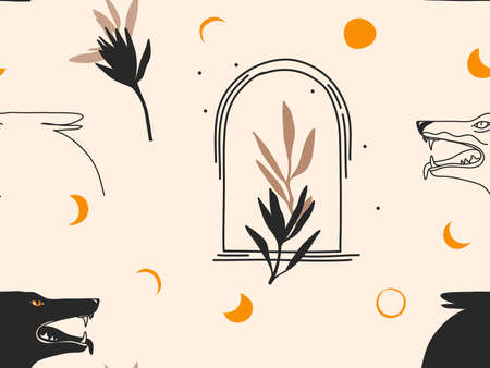 Hand drawn vector abstract flat stock graphic mystic magic illustrations line art seamless pattern with celestial moon phase,floral leaf and wolves with simple shapes isolated on color backgroundのイラスト素材