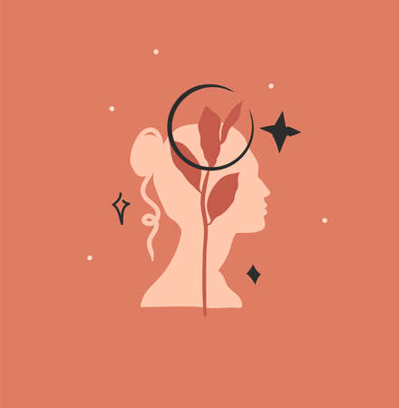 Hand drawn vector abstract stock flat graphic illustration with logo element,bohemian magic art of crescent,woman silhouette and floral leaf in simple style for branding,isolated on color backgroundのイラスト素材