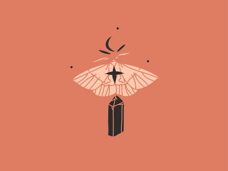 Hand drawn vector abstract stock flat graphic illustration with brandinglogo,celestial bohemian magic art of crescent,butterfly and crystal silhouette in simple style,boho feminine astrology conceptのイラスト素材