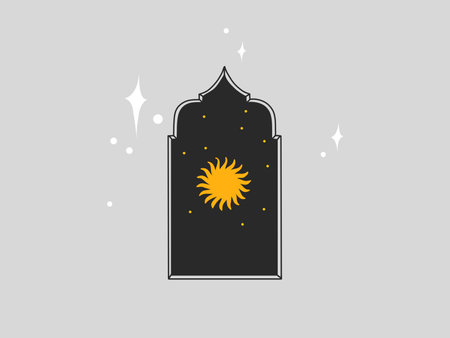Hand drawn vector abstract stock flat graphic illustration with  element, astrology bohemian magic art of sun in arch silhouette in simple style for branding, isolated on color backgroundのイラスト素材