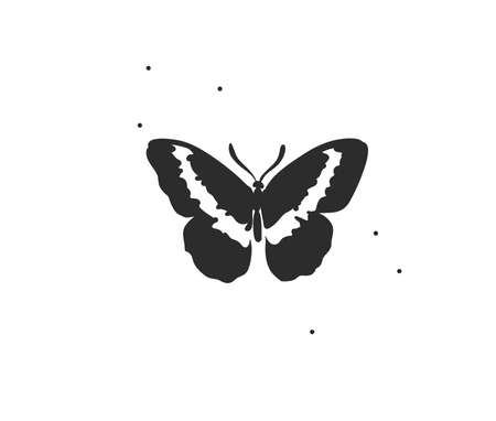 Hand drawn vector abstract stock flat graphic illustration with  element,bohemian magic art of butterfly silhouette in simple style for branding,isolated on white background.のイラスト素材