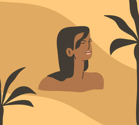 Hand drawn vector abstract stock graphic summer time cartoon,minimalistic style illustrations print with bohemian beautiful girl swimming and relax on the sunset beach,isolated on color background.のイラスト素材