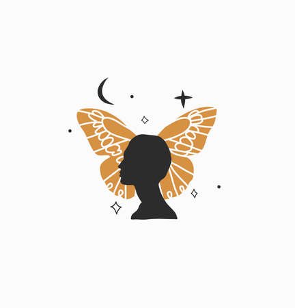 Hand drawn vector abstract stock flat graphic illustration with logo element,bohemian magic art of butterfly,crescent and woman silhouette,simple style for branding,isolated on white backgroundのイラスト素材