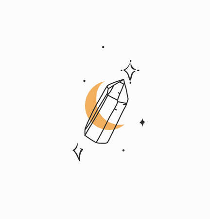 Hand drawn vector abstract stock flat graphic illustration with minimal logo element,bohemian magic line art of crystal,crescent and stars in simple style for branding,isolated on white backgroundのイラスト素材