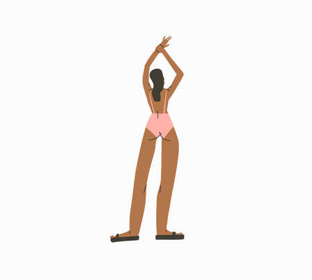 Hand drawn vector abstract stock graphic summer time cartoon,minimalistic style illustrations print with bohemian beautiful girl sunbathes and standing on the beach,isolated on white backgroundのイラスト素材