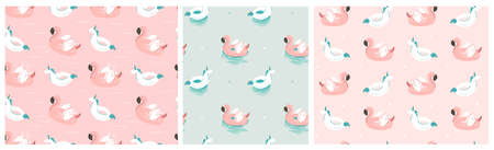 Hand drawn vector abstract stock graphic summer cartoon,minimalistic contemporary illustration seamless pattern set collection with inflatable unicorn and flamingo floats isolated on white background.のイラスト素材