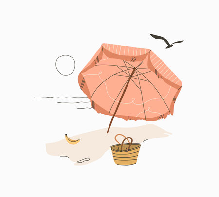 Hand drawn vector abstract stock graphic summer time cartoon,minimalistic illustrations print,with beautiful boho umbrella and picnic on tropical beach solated on white backgroundのイラスト素材