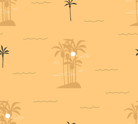 Hand drawn vector abstract stock graphic summer cartoon,minimalistic contemporary illustrations seamless pattern with tropical island and palm tree silhouette on the beach,isolated on color backgroundのイラスト素材