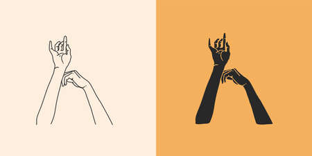 Hand drawn vector abstract stock flat graphic illustration with minimal elements collection set,occult mystery witch hands touch line drawing and silhouette,magic art in simple style for brandingのイラスト素材
