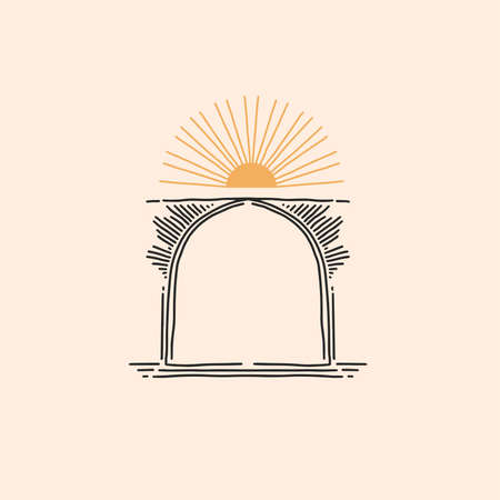 Hand drawn vector abstract stock flat graphic illustration with element,bohemian astrology magic minimalistic emblem of mystic line arch portal and golden sun with rays,simple style for branding.のイラスト素材