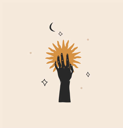 Hand drawn vector abstract stock flat graphic illustration with logo element,minimalistic bohemian magic line art of golden sun silhouette in line human hand and star in simple style for branding.のイラスト素材