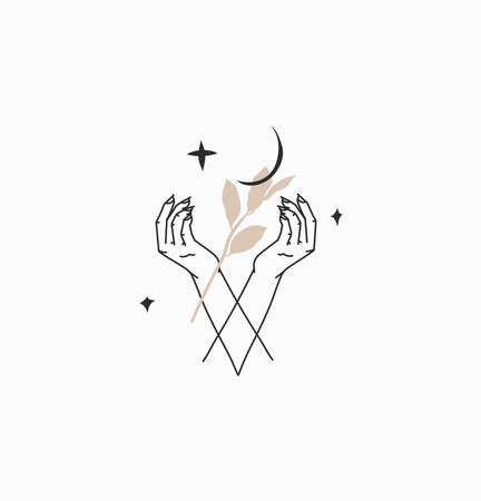 Hand drawn vector abstract stock flat graphic illustration with logo element,bohemian magic line art of human hands,crescent,leaves and stars in simple style for branding,isolated on white background.のイラスト素材