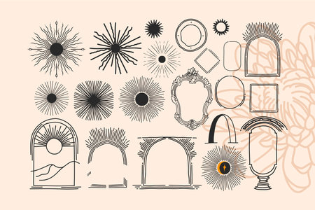 Hand drawn vector abstract stock flat graphic illustrations alchemy esoteric icons collection set with logo elements,magic sacred boho moon,frames,stars,sun silhouettes isolated on white backgroundのイラスト素材