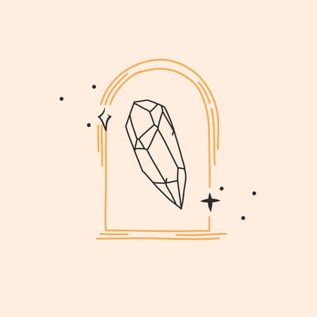 Hand drawn vector abstract stock flat graphic illustration with   element,bohemian astrology magic minimalistic emblem of line arch portal and crystal stone with stars,simple style for branding.のイラスト素材