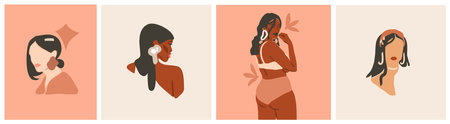 Hand drawn vector abstract stock flat graphic contemporary art,aesthetic fashion illustrations collection set with bohemian,beautiful modern collage female posters in minimal style.のイラスト素材