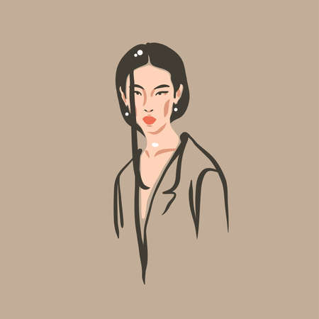 Hand drawn vector abstract stock flat graphic contemporary modern art,aesthetic fashion illustration with bohemian,beautiful modern female portrait,simple trendy style isolated on pastel background.のイラスト素材