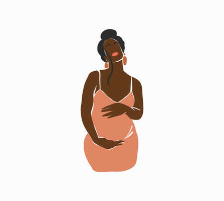 Hand drawn vector abstract stock flat graphic contemporary line art,aesthetic fashion illustration with bohemian,beautiful modern black female pregnancy portrait in simple trendy style,for branding.のイラスト素材