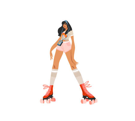 Hand drawn vector abstract flat stock modern graphic illustration character design of young summer happy retro vintage hippie girl roller skating,70s vintage print concept,retro vector people design.のイラスト素材