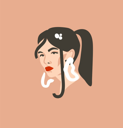 Hand drawn vector abstract stock flat graphic contemporary line art,aesthetic fashion illustration with bohemian,beautiful modern female portrait in simple trendy style isolated on pastel background.のイラスト素材