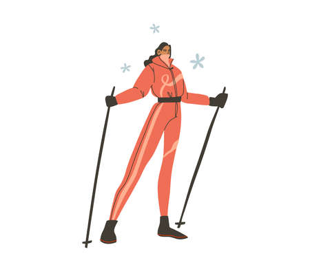 Hand drawn vector abstract flat stock modern graphic Happy New Year and Merry Christmas illustration cartoon character design,of young happy woman in winter skier costume outdoor.のイラスト素材