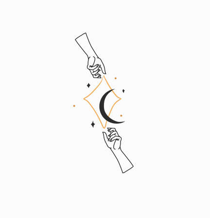Hand drawn vector abstract stock flat graphic illustration with branding, bohemian celestial magic art of moon crescent silhouette in human line hands,simple style, magic astrology concept.のイラスト素材
