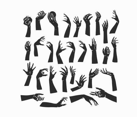Hand drawn vector abstract stock flat graphic illustrations collection set with logo elements,bohemian magic art of human hands shape silhouettes in simple style for branding.Feminine logo concept.のイラスト素材