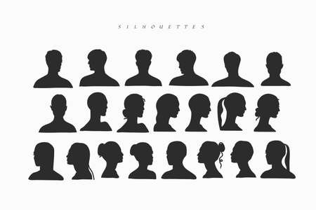 Hand drawn vector abstract stock flat graphic illustrations collection set bundle with logo element,icon silhouette of beauty people head in simple style for branding,isolated on white background.のイラスト素材