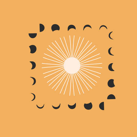 Hand drawn vector abstract stock flat graphic illustration with element,bohemian astrology magic minimalistic emblem of mystic golden sun and moon phases silhouettes,simple style for branding.のイラスト素材