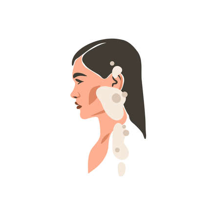 Hand drawn vector abstract stock flat graphic contemporary aesthetic fashion illustration with bohemian,beautiful modern female portrait in simple trendy minimal style isolated on white background.のイラスト素材