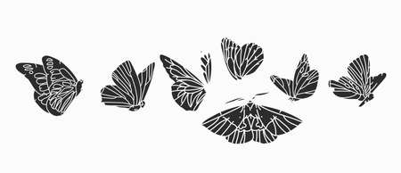 Hand drawn vector abstract stock flat graphic illustrations collection set bundle with logo elements,bohemian magic line silhouette art of mystic flying butterfly and moth,feminine simple style.のイラスト素材