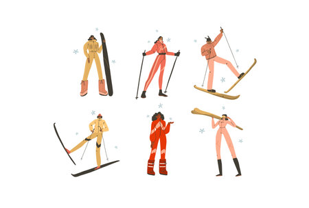 Hand drawn vector abstract flat stock modern graphic Merry Christmas illustrations collection set with cartoon character design,of young people in winter skier costume outdoor.Winter sport conceptのイラスト素材