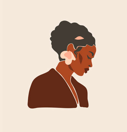 Hand drawn vector abstract stock flat graphic contemporary line art,aesthetic fashion illustration with bohemian,beautiful modern female portrait in simple trendy style isolated on pastel background.のイラスト素材