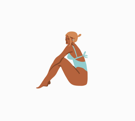 Hand drawn vector abstract stock graphic summer time cartoon,minimalistic style illustrations print with bohemian beautiful girl sunbathes and sitting on the beach,isolated on white background.のイラスト素材