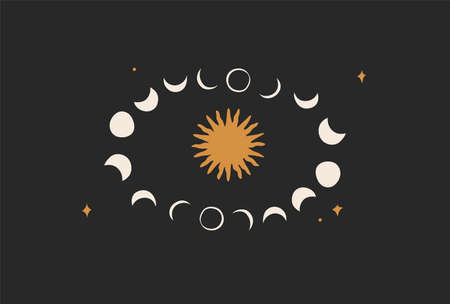 Hand drawn vector abstract stock flat graphic illustration with logo element,bohemian astrology magic minimalistic art of mystic moon phases silhouettes and sun in circle,simple style for branding.のイラスト素材