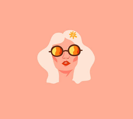 Hand drawn vector abstract stock flat graphic illustration print with retro vintage groovy hippie 60s,70s boho modern female portrait with daisy flowers in her hair isolated on color backhround.のイラスト素材