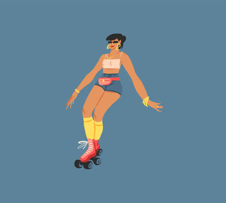 Hand drawn vector abstract flat stock modern graphic illustration character of young summer happy retro vintage hippie girl roller skating,90s vintage print concept,retro vector people design.のイラスト素材