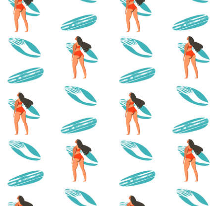 Hand drawn vector abstract summer time seamless pattern with surfers girl in bikini and surfboards isolated on white backgroundのイラスト素材