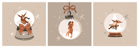 Hand drawn vector abstract graphic Merry Christmas and Happy new year illustration of people characters.People in snow globe cards set.Merry Christmas people card design.Winter holiday art collection.のイラスト素材