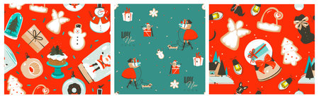 Hand drawn vector abstract graphic Merry Christmas and Happy New Year cartoon,illustrations seamless...