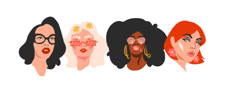 Hand drawn vector abstract stock flat graphic illustration collection set with retro vintage groovy disco 60s,70s boho modern diverse woman portraits faces.Disco funky modern concept art design.のイラスト素材
