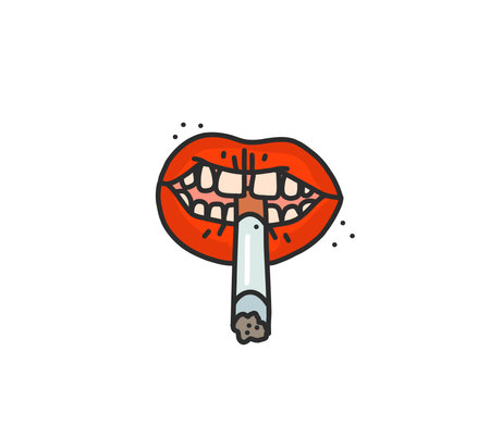 Hand drawn vector abstract flat stock modern graphic illustration of old retro vintage woman holding cigarette,90 vintage print concept,retro vector design.80s,90s clipart design concept.Graphic sign.のイラスト素材